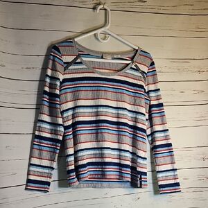 Striped Ribbed‎ Knit Top Button Detail Long Sleeve Nautical Casual,Medium